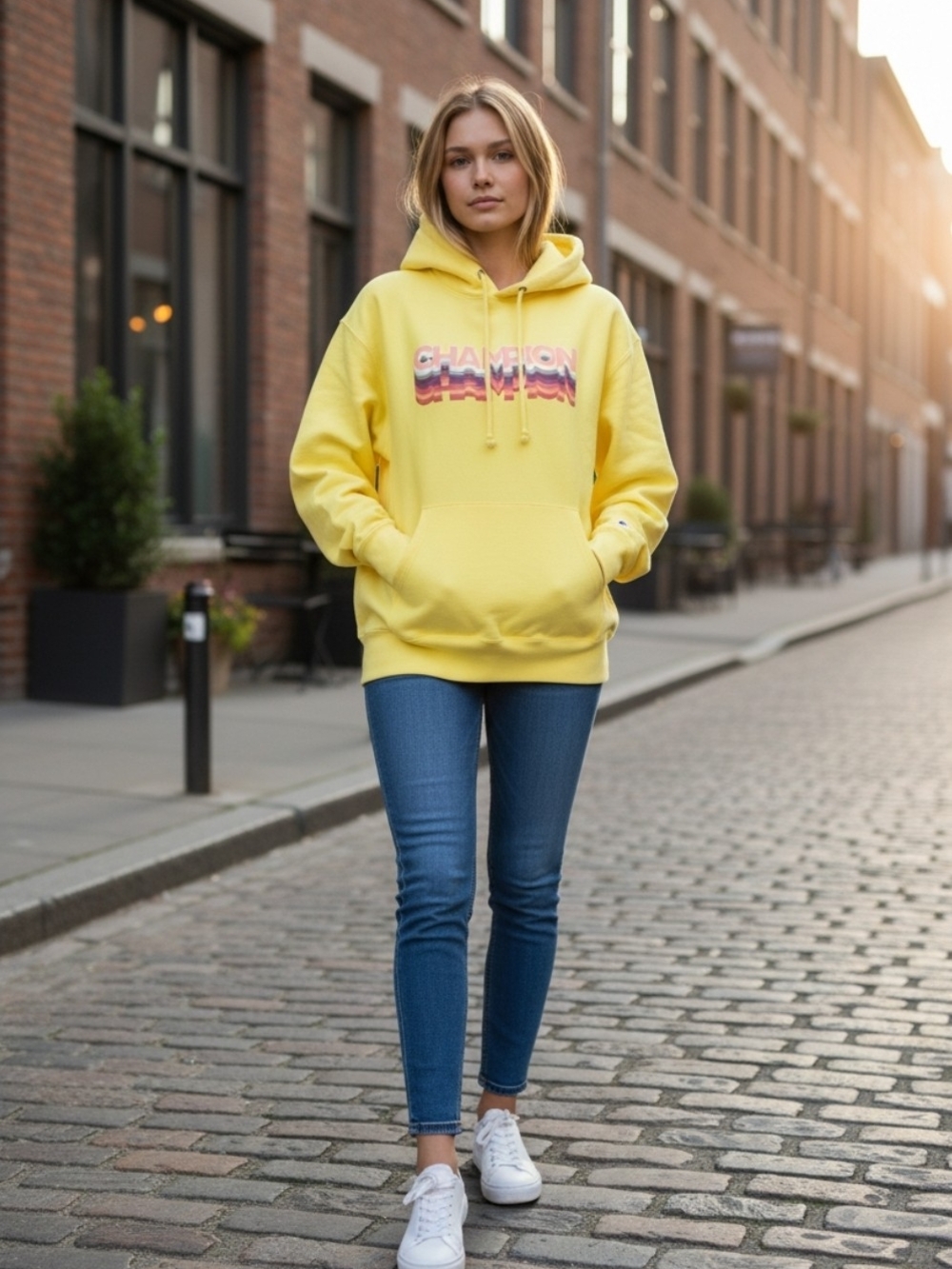 Champion Premium Reverse Weave Yellow Logo Pullover Hoodie. EUC. Size Medium.